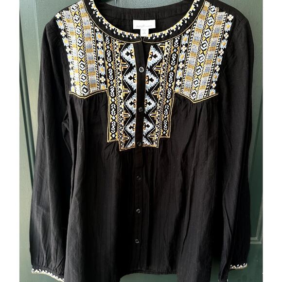 J. Jill Sz Sz S Petite Pure Jill Elements Black Cotton Top w/ Aztec  Embroidery - Picture 1 of 9